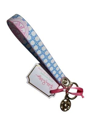 Lilly Pulitzer Pink & Light Blue Patterned Wristlet Strap Keychain, gold accents